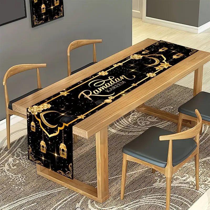 Elegant Black & Golden Moon Lantern Eid Mubarak Table Runner - 35.05cm x 180.09cm, Polyester,