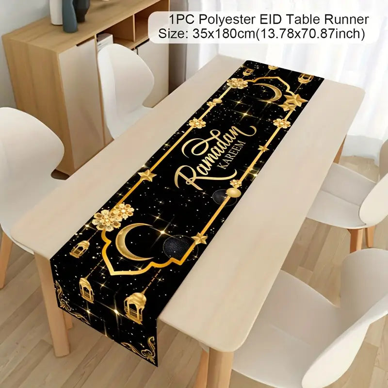 Elegant Black & Golden Moon Lantern Eid Mubarak Table Runner - 35.05cm x 180.09cm, Polyester,